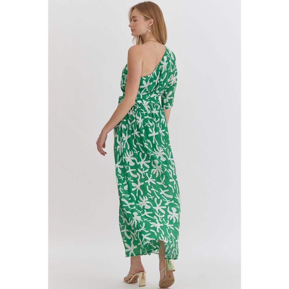 Entro NWT Green One-Shoulder Printed Midi Dress with Slit Sz L - Picture 6 of 10